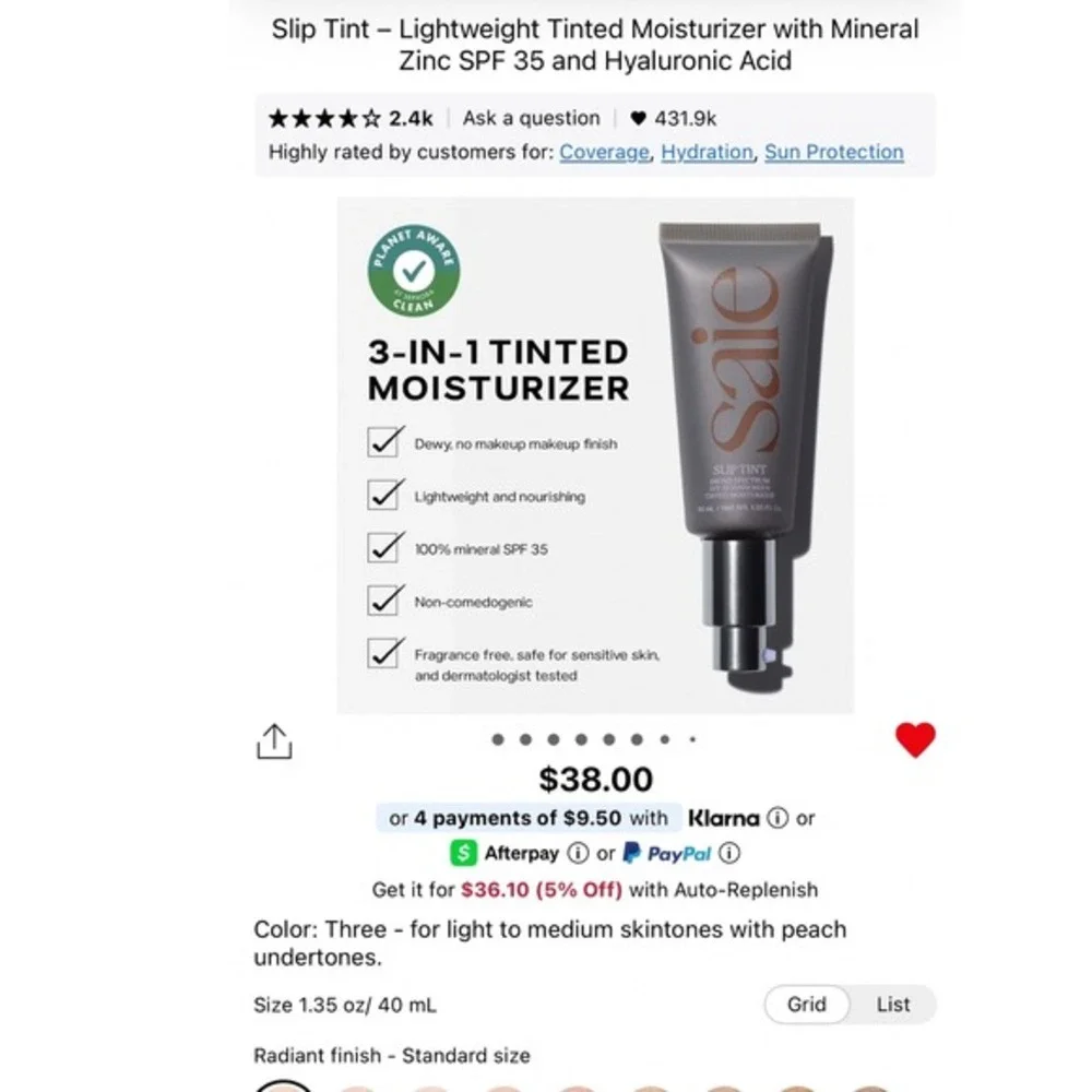 Saie Lightweight Tinted Moisturizer With Zinc SPF 35 Shade 3 Light To Medium NWT
